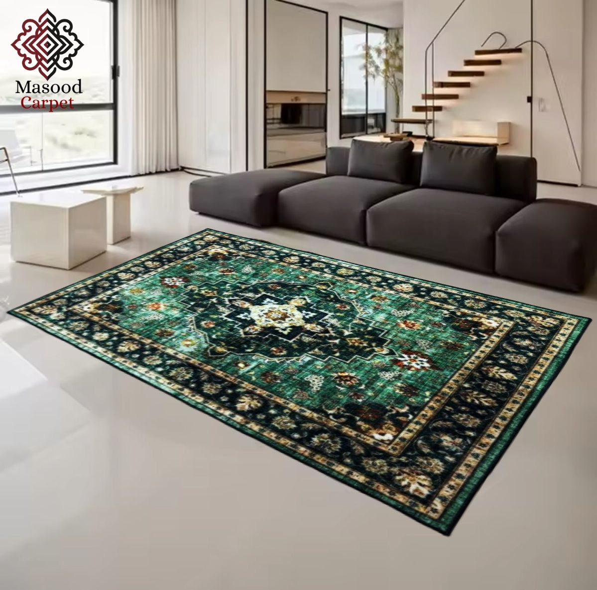 Green Traditional Printed Non-Woven Rug